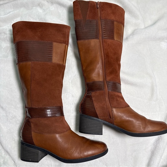 Clarks Nevella Nova Brown Leather & Suede Riding Boots Women Size 8.5M Zip Close
